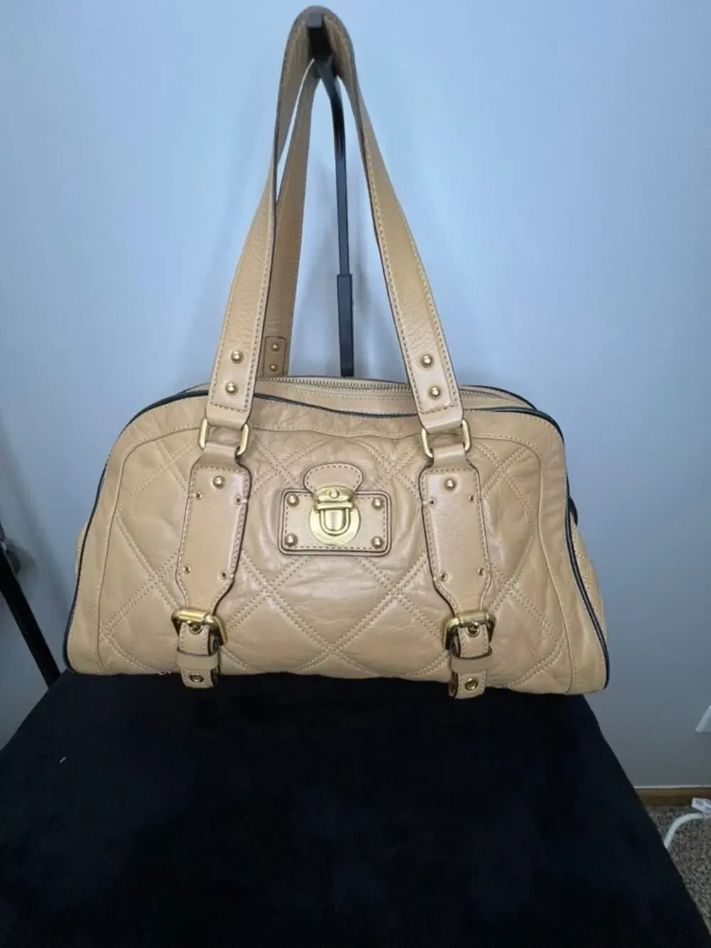Marc Jacobs Beige Quilted Leather Satchel Shoulder Bag Gold Hardware